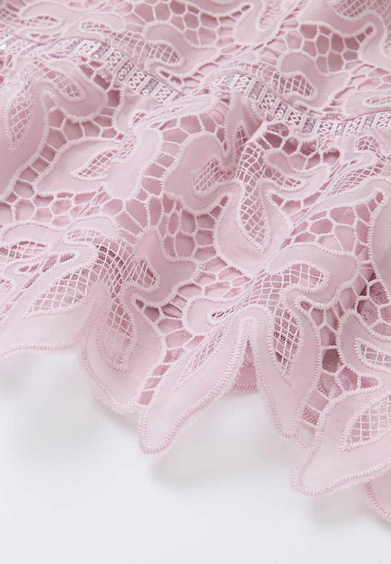 V-neck Panelled Hollow-carved Lace Dress
