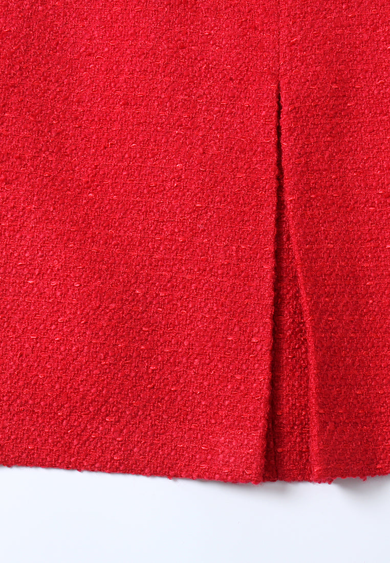 Crimson Medallion Pleated Tweed Dress