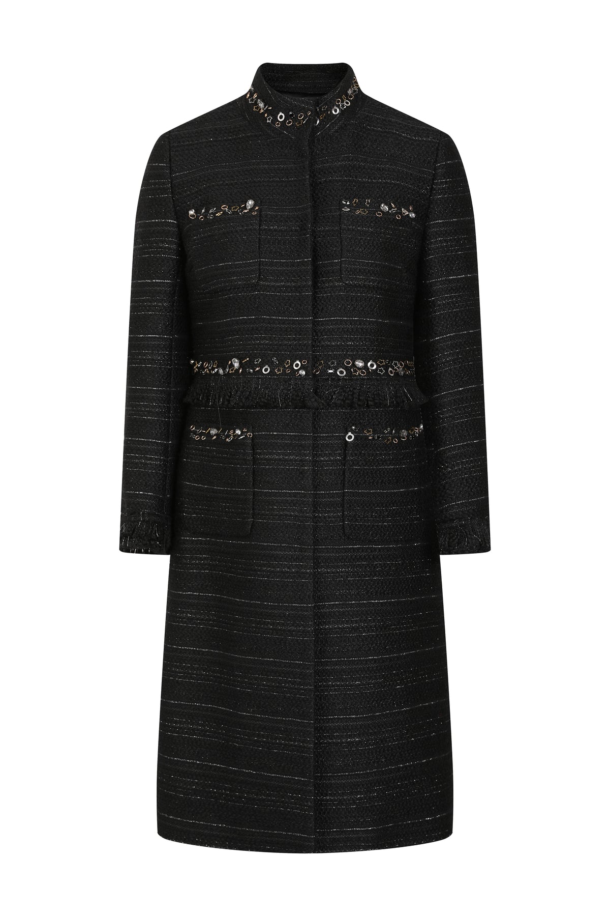 Noir Tweed Paillette Frangé Coat