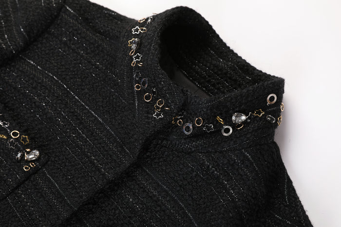 Noir Tweed Paillette Frangé Coat