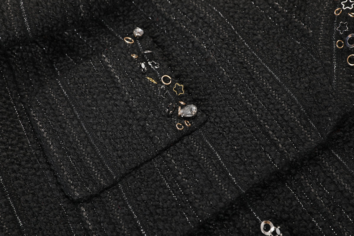 Noir Tweed Paillette Frangé Coat