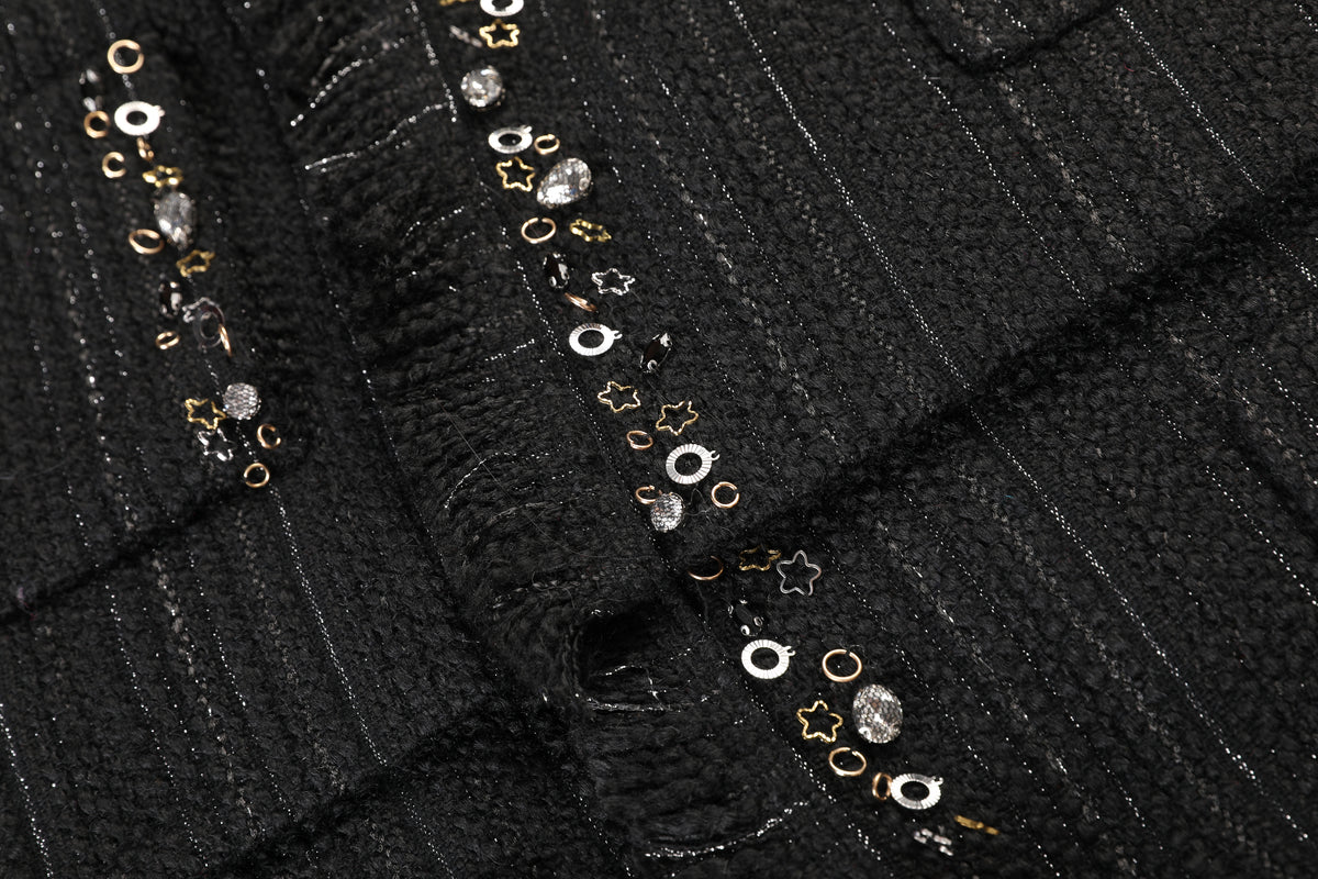 Noir Tweed Paillette Frangé Coat