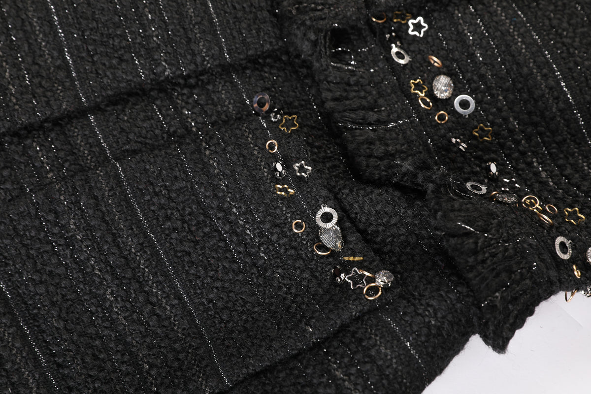 Noir Tweed Paillette Frangé Coat
