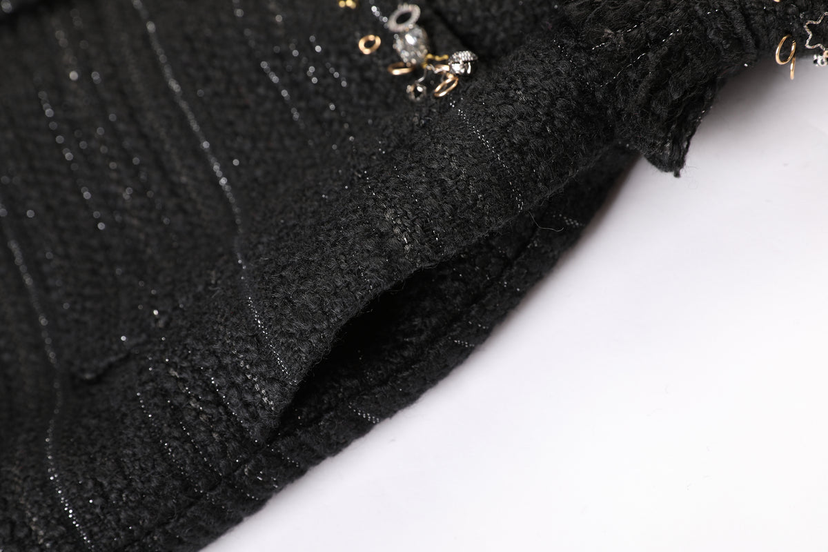 Noir Tweed Paillette Frangé Coat