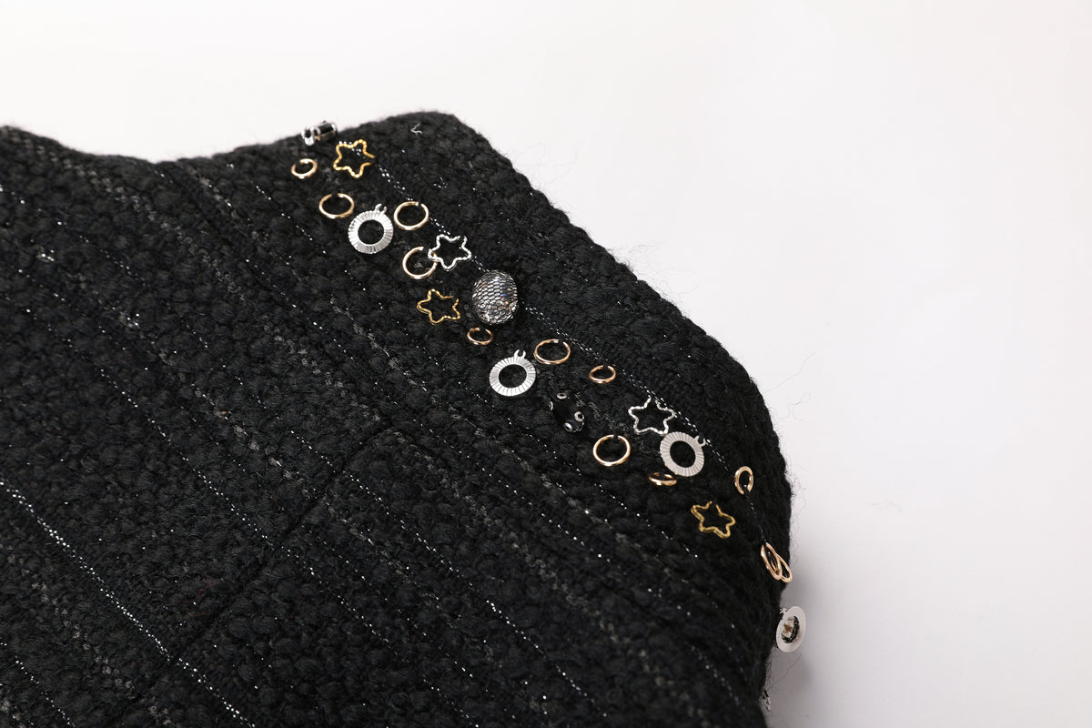 Noir Tweed Paillette Frangé Coat
