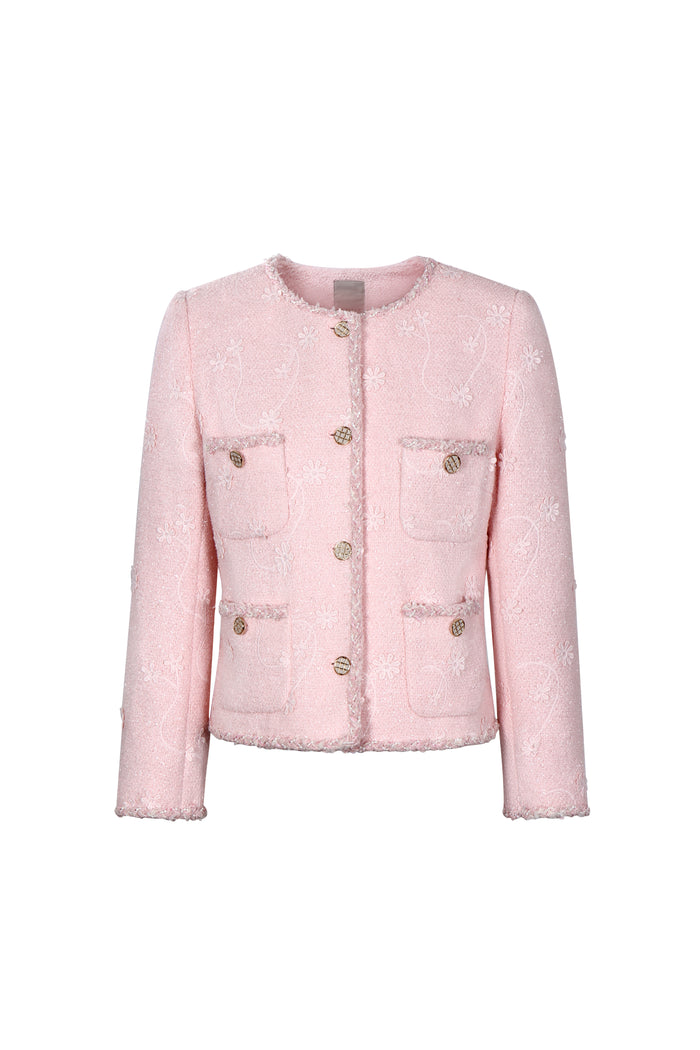 Blush Elegance Embroidered Tweed Jacket