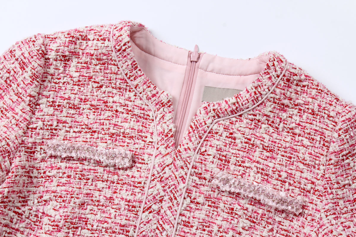 Crimson Weave Pocket Tweed Dress