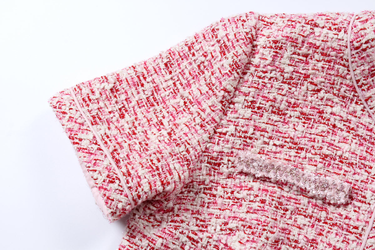 Crimson Weave Pocket Tweed Dress