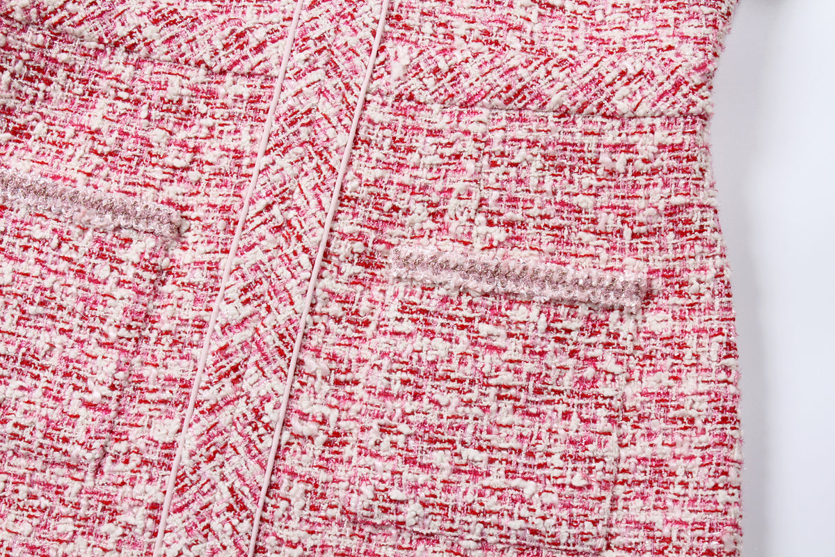 Crimson Weave Pocket Tweed Dress