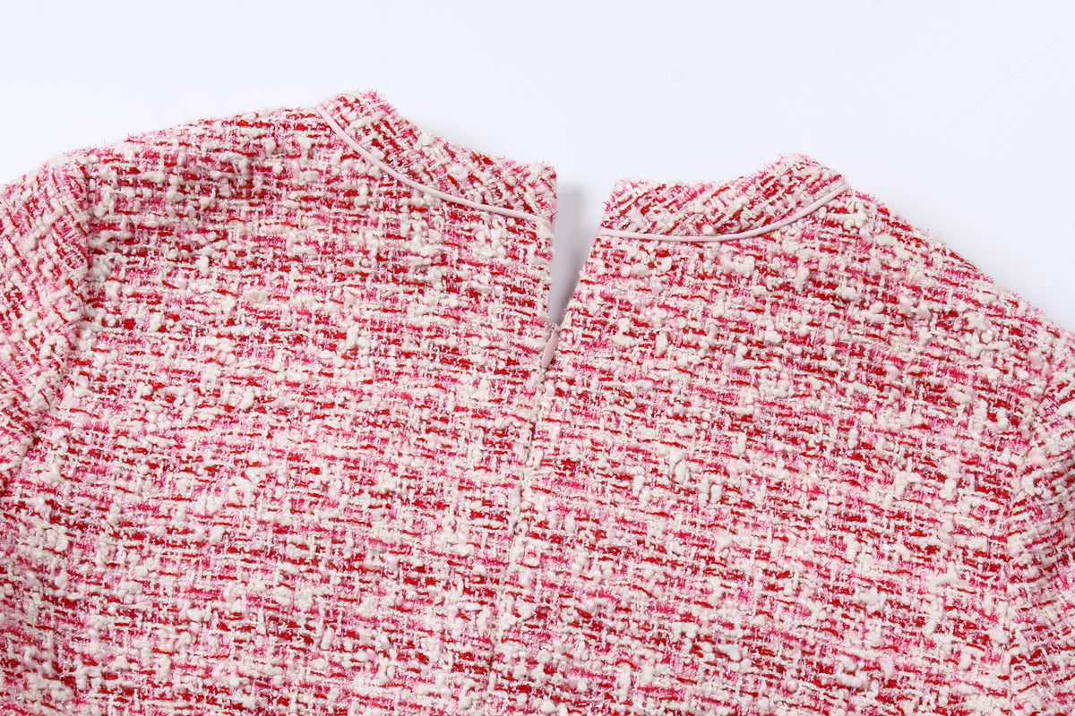 Crimson Weave Pocket Tweed Dress
