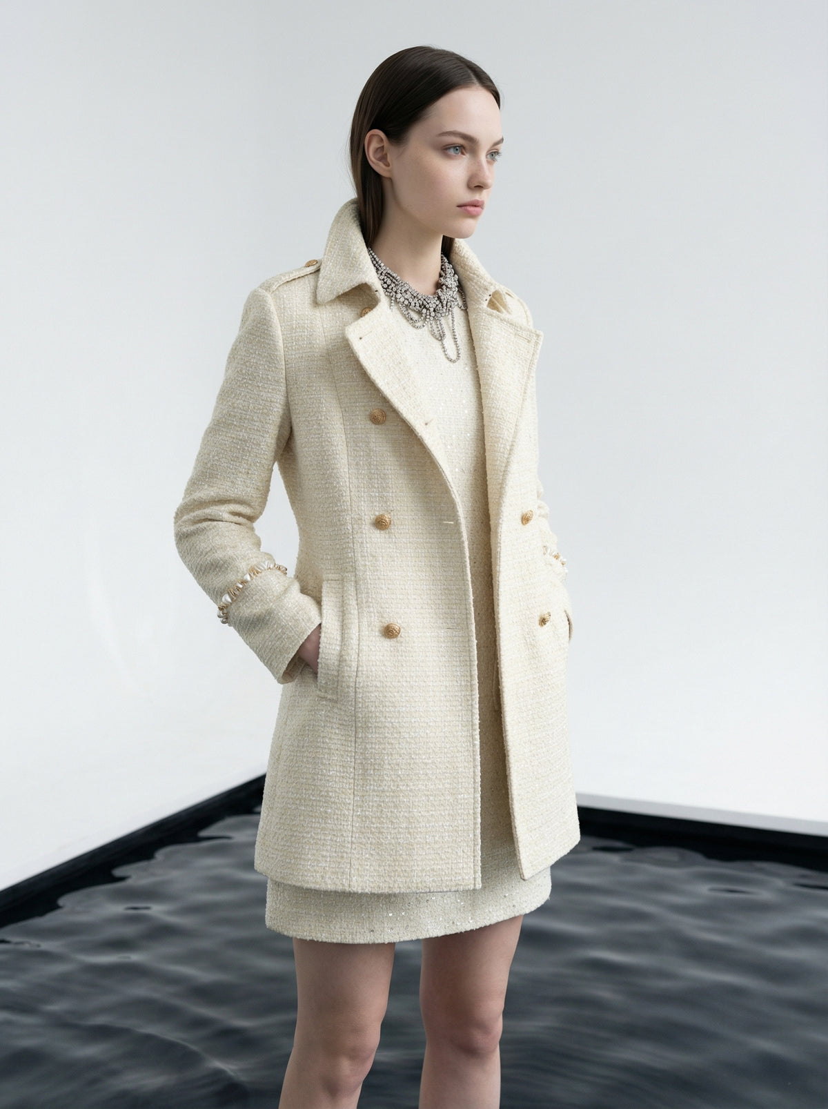 Créme Frange Double-Breasted Coat