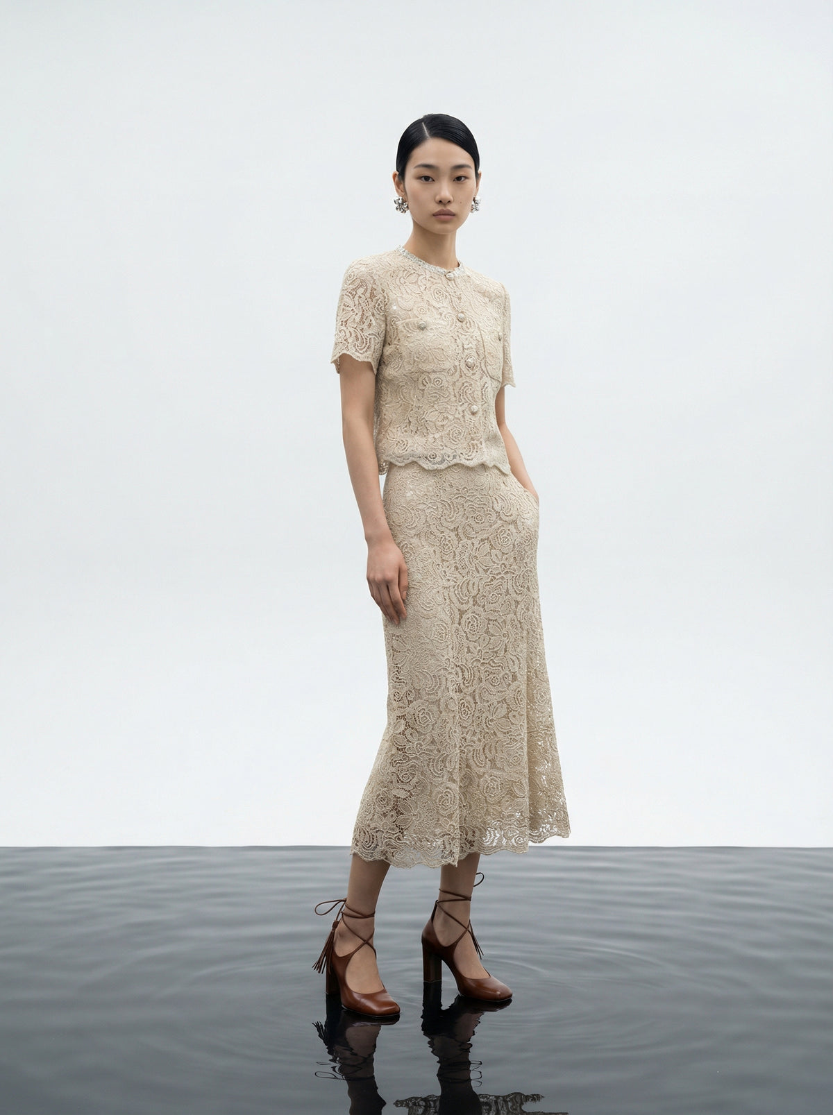 Champagne Lace Midi Skirt