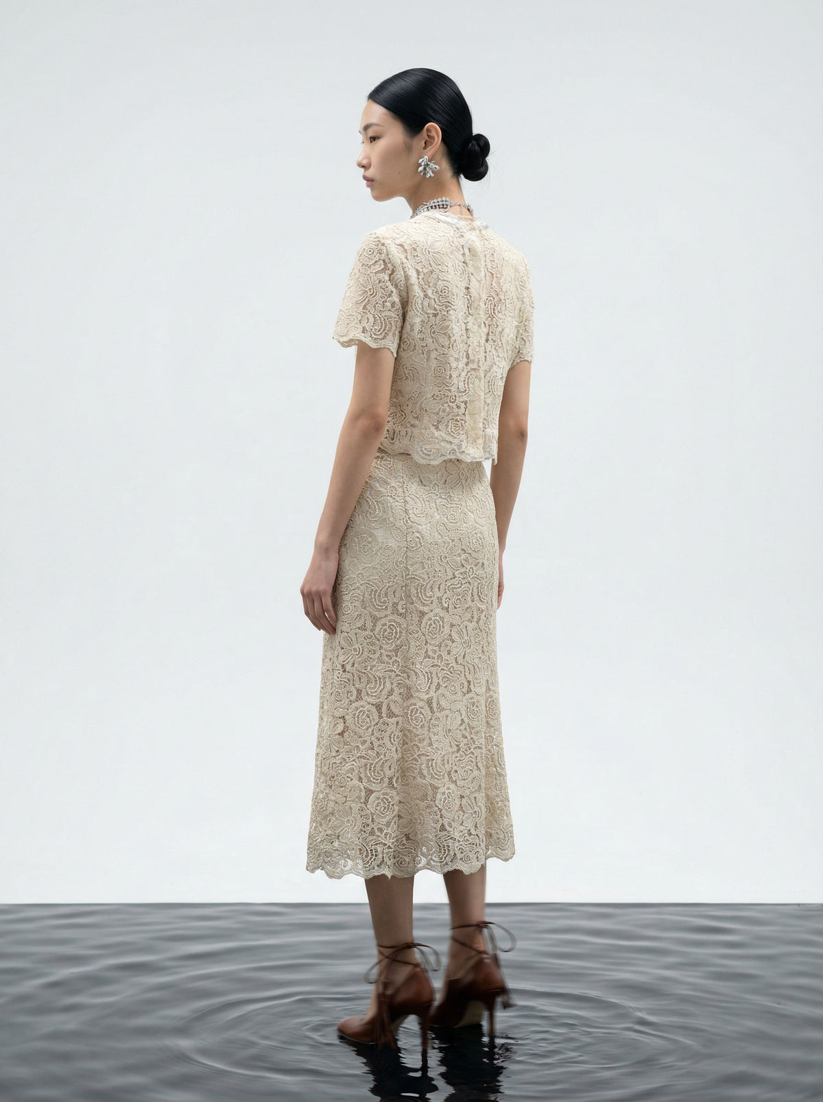 Champagne Lace Midi Skirt