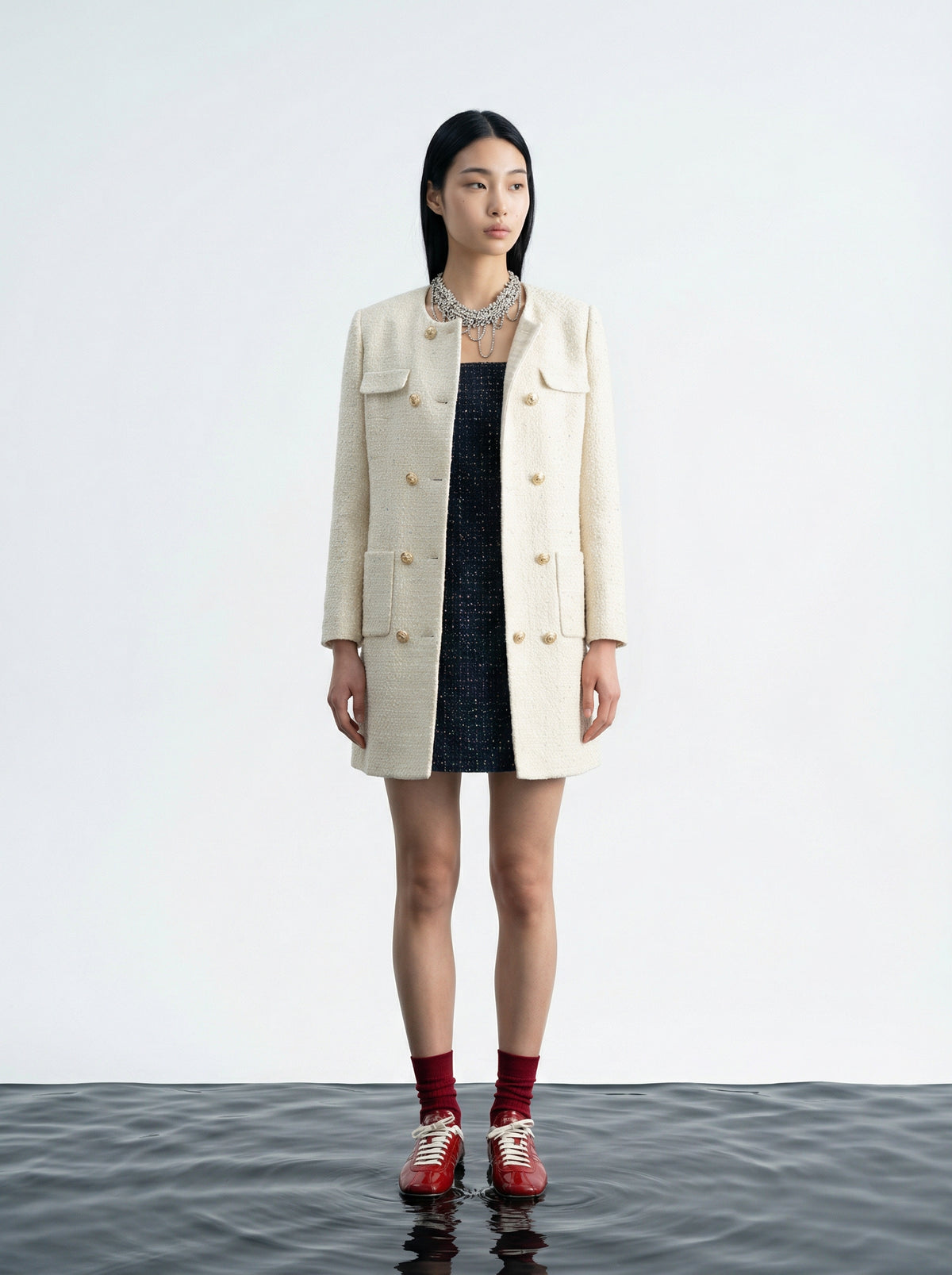 Crème Tresse Gold Button Coat