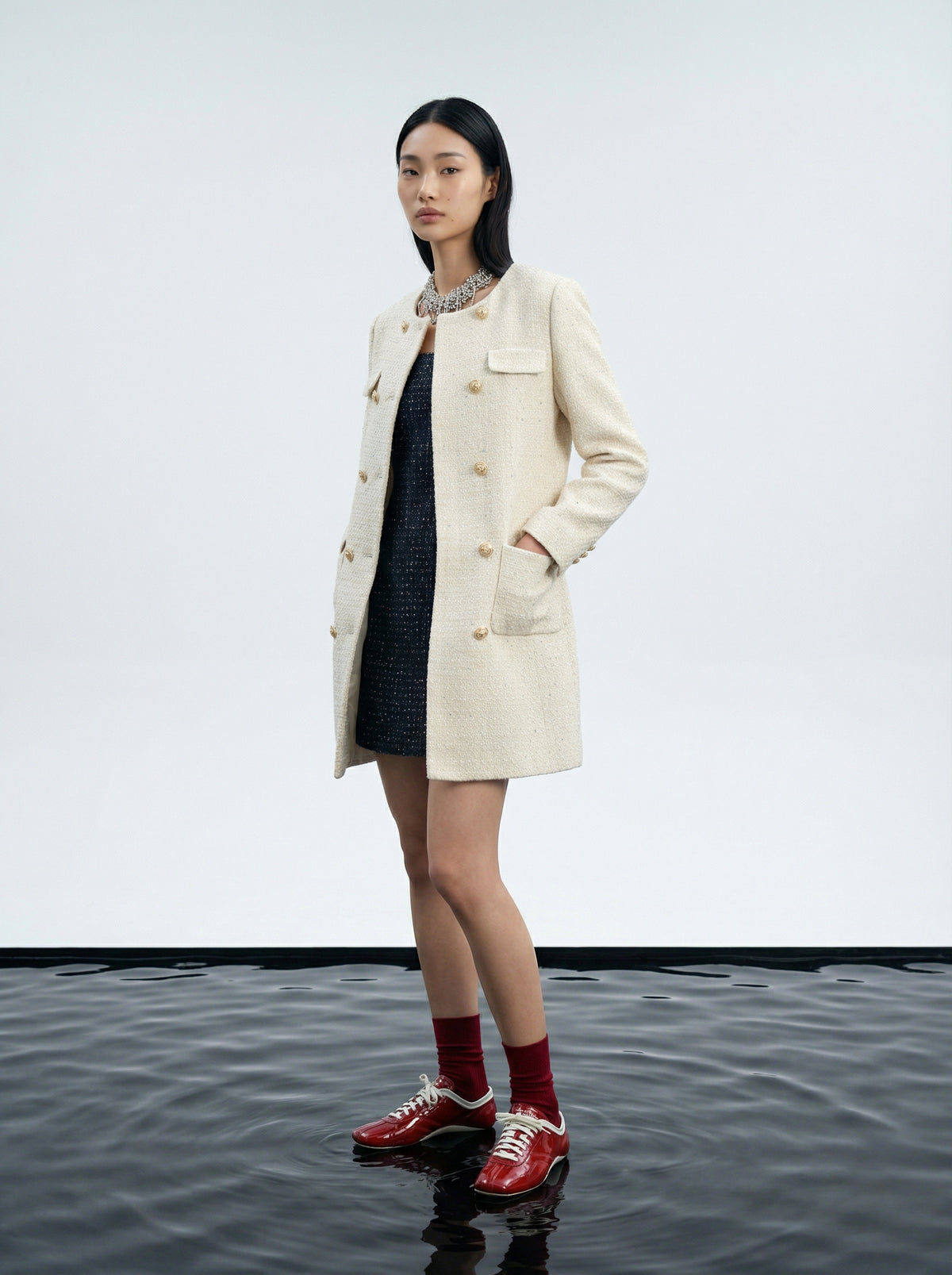 Crème Tresse Gold Button Coat