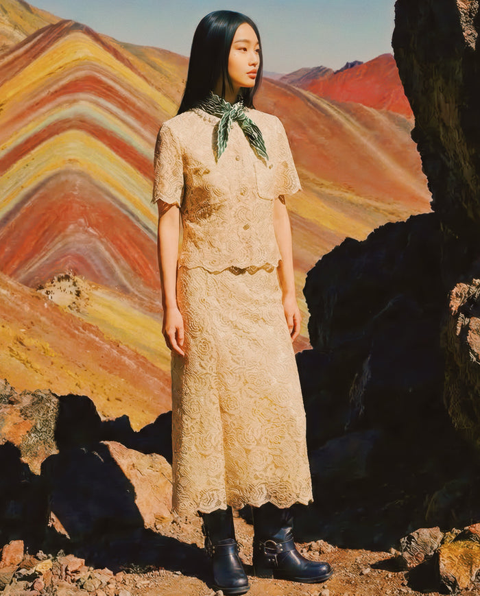 Champagne Lace Midi Skirt