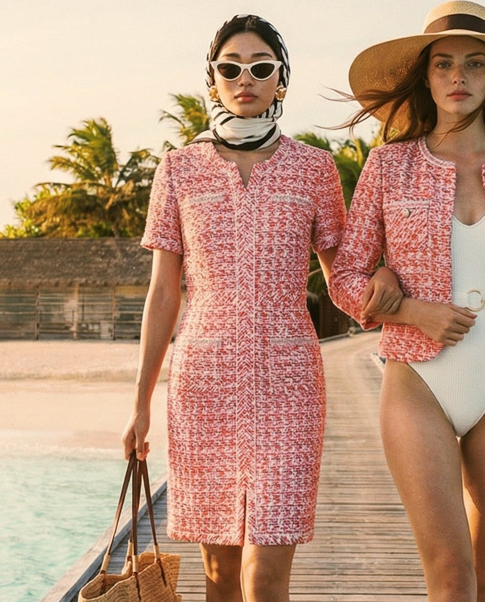Crimson Weave Pocket Tweed Dress