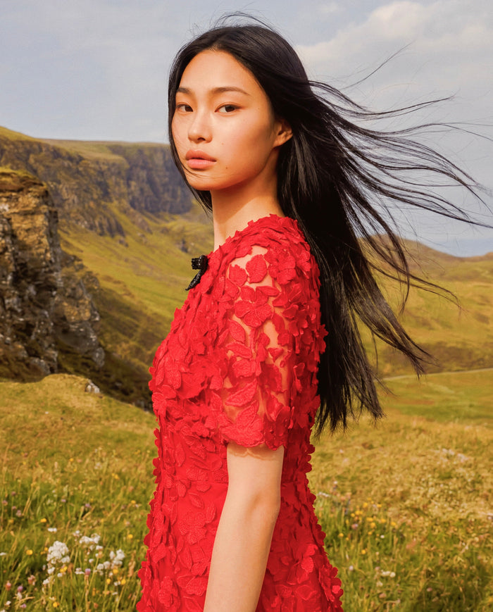 Scarlet Bloom Appliqué Dress