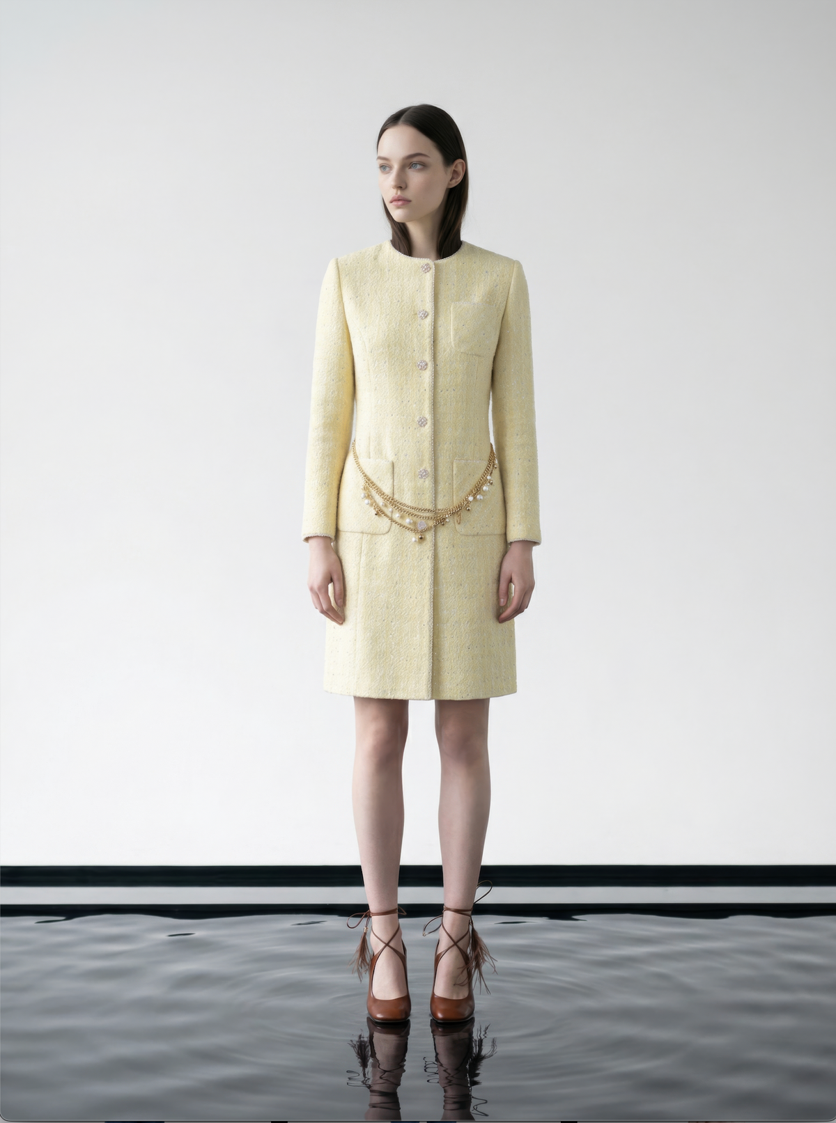 Golden Tweed Coat with Pearl Chain Belt