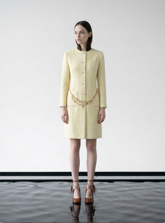 Golden Tweed Coat with Pearl Chain Belt