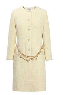 Golden Tweed Coat with Pearl Chain Belt