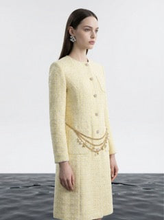 Golden Tweed Coat with Pearl Chain Belt