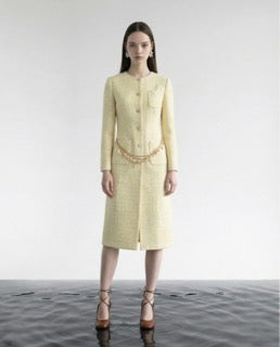 Golden Tweed Coat with Pearl Chain Belt
