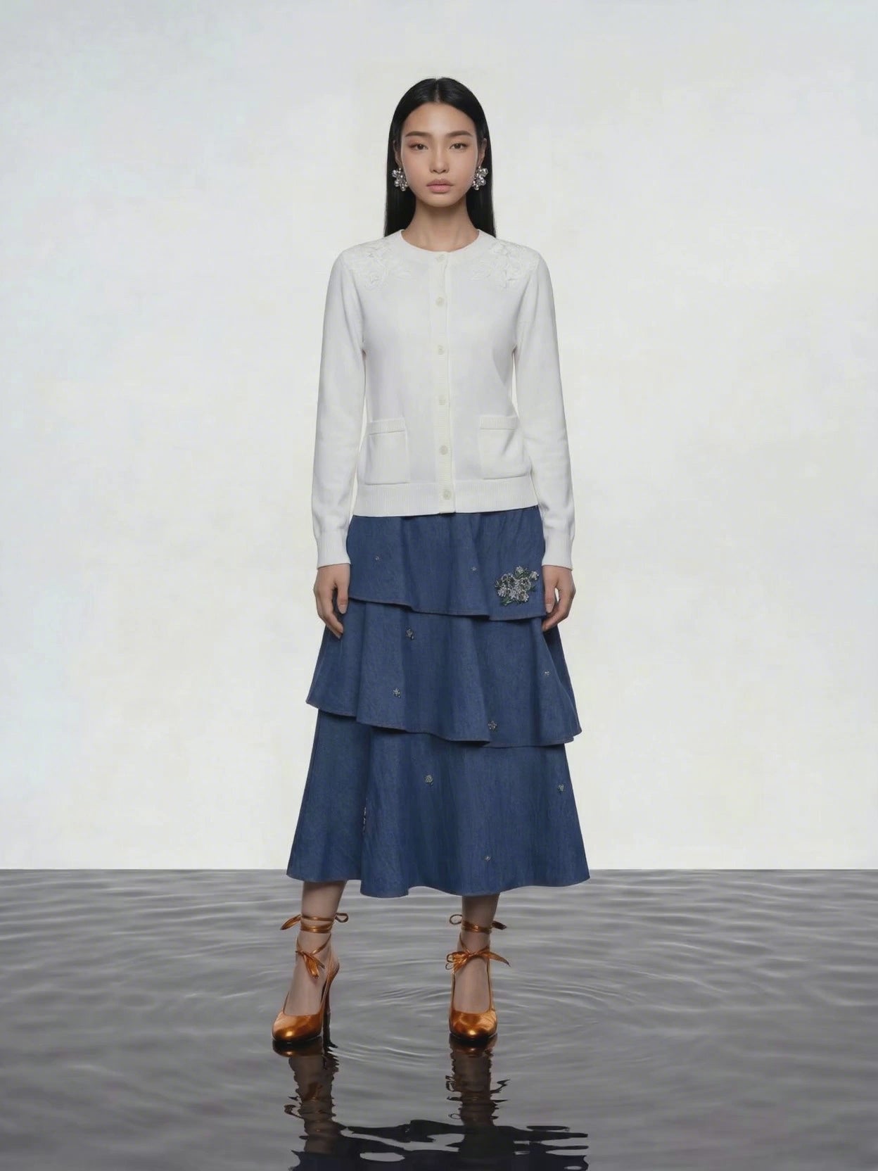 Indigo Bloom Layered Denim Skirt