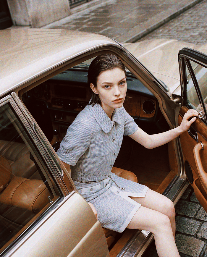 Azure Bloom Chain-Belt Tweed Dress
