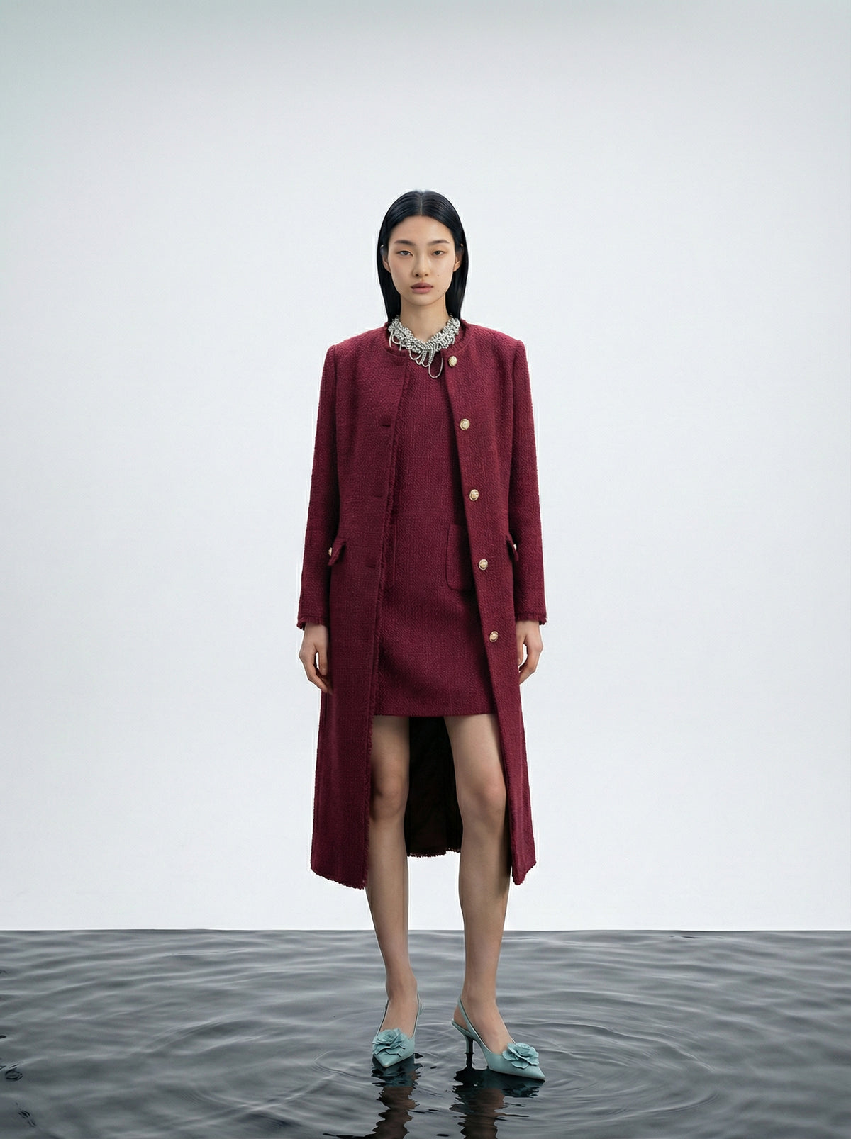 Bordeaux Bijou Tweed Coat
