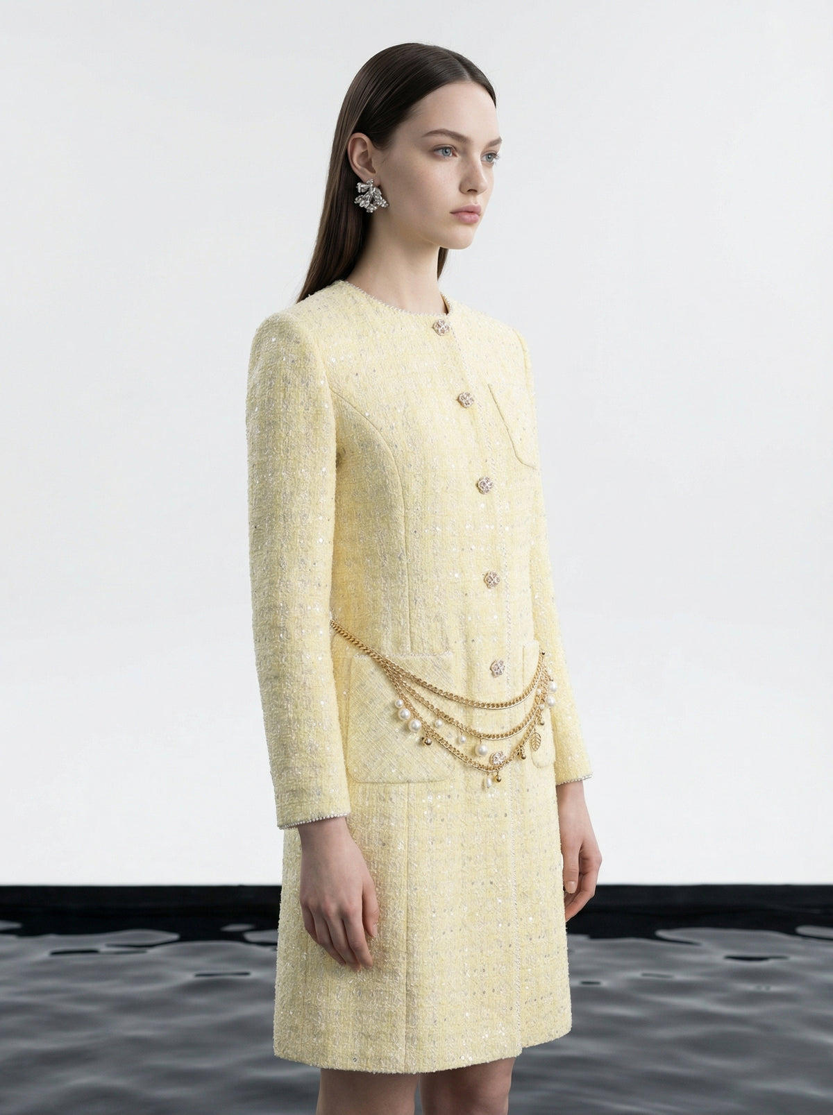 Golden Tweed Coat with Pearl Chain Belt