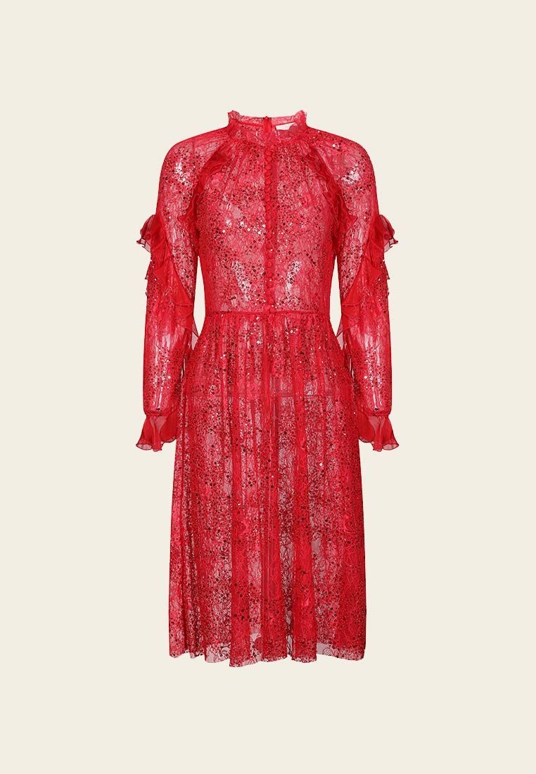 Red Floral-embellished Long-sleeves Evening Dress - MOISELLE