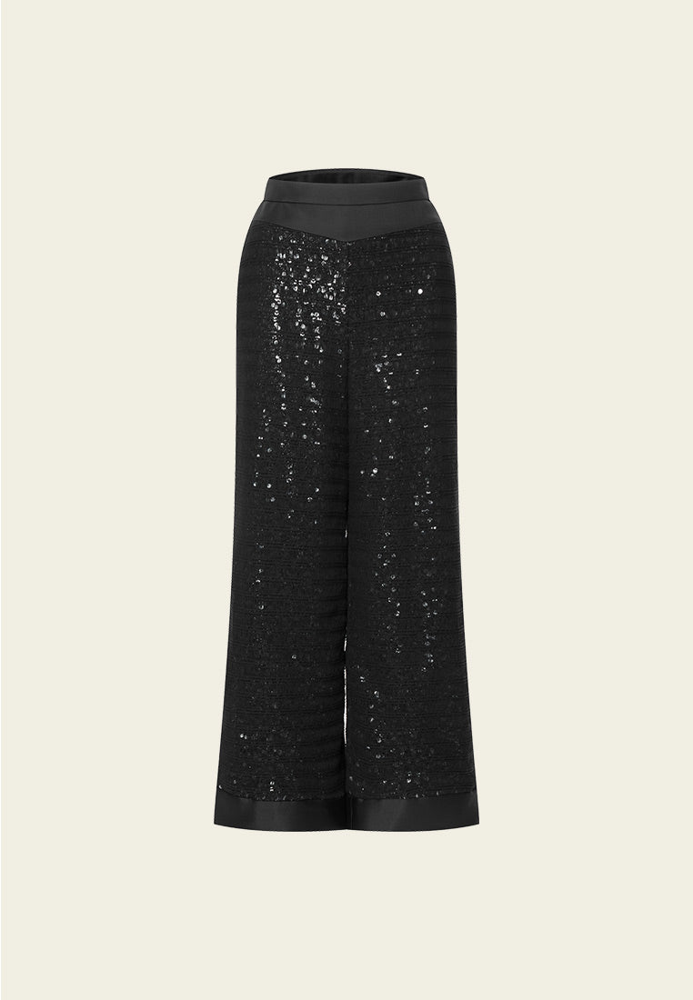 Black Sequin Wide-leg Trousers - MOISELLE