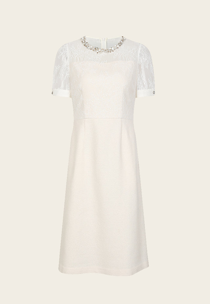 Adrienne Light Cream Lace A-line Tweed Dress - MOISELLE