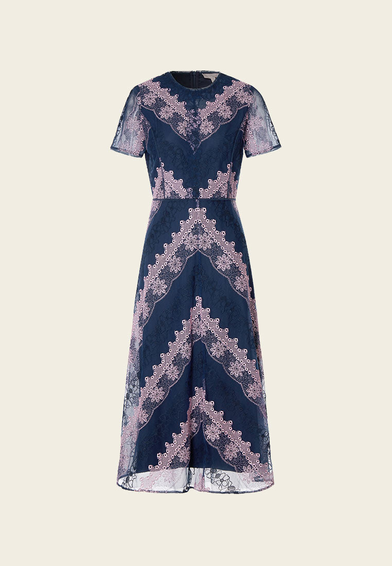 Blue Embroidered Lace Short-sleeved Mesh Dress