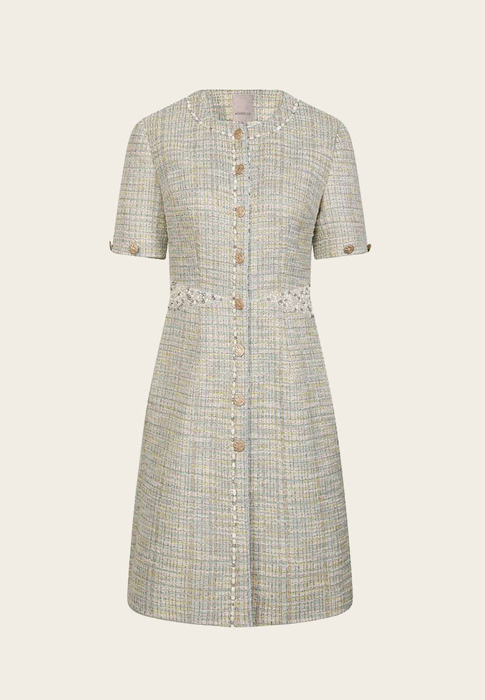 Mix Green A-line Tweed Dress - MOISELLE