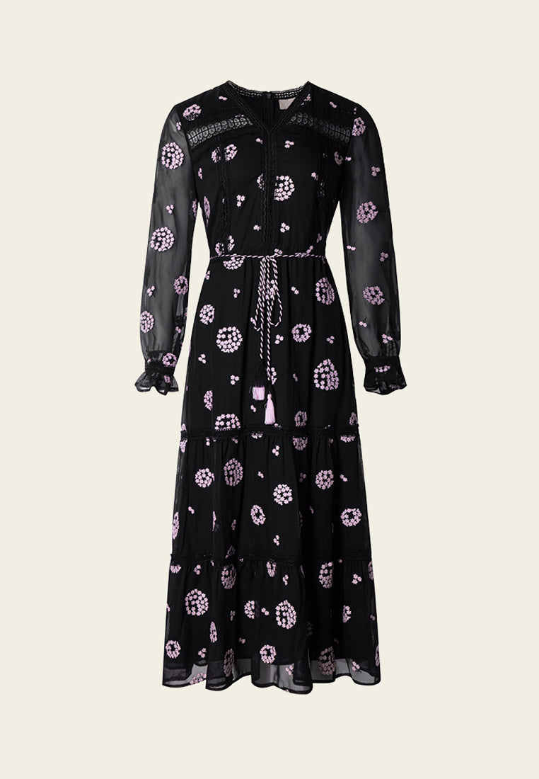 Black Embroidered Tie-waist Dress