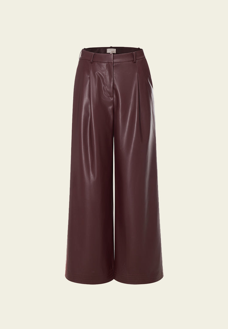 Dark Red Vegan Leather Wide Leg Pants