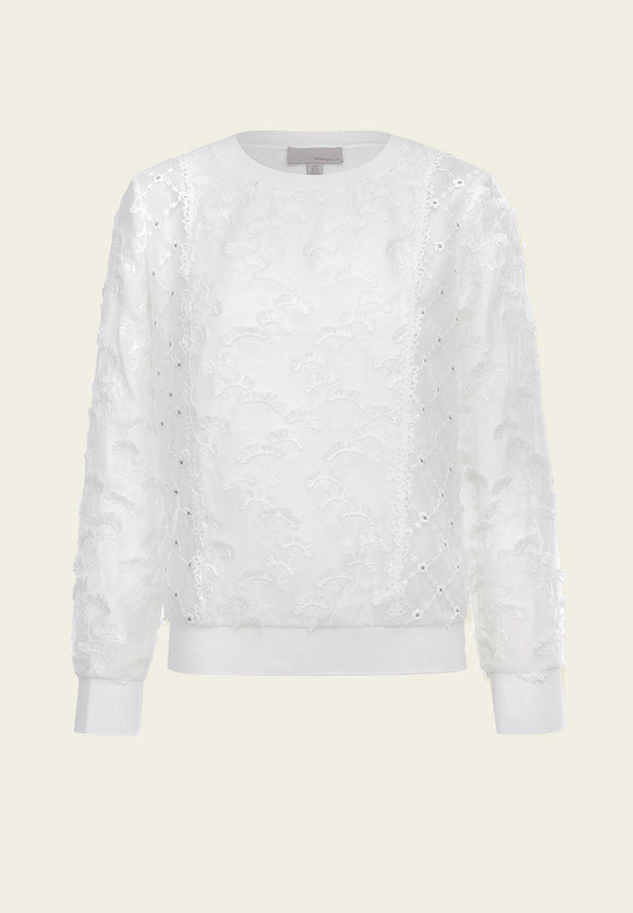 White Embroidered Crewneck Top