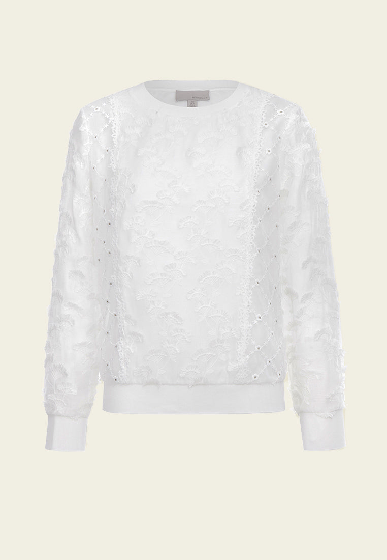 White Embroidered Crewneck Top