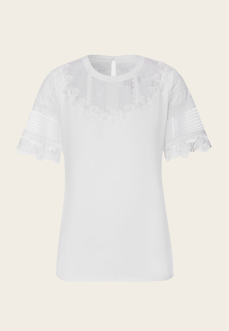 Mesh Mix Lace Detailing White T-shirt - MOISELLE