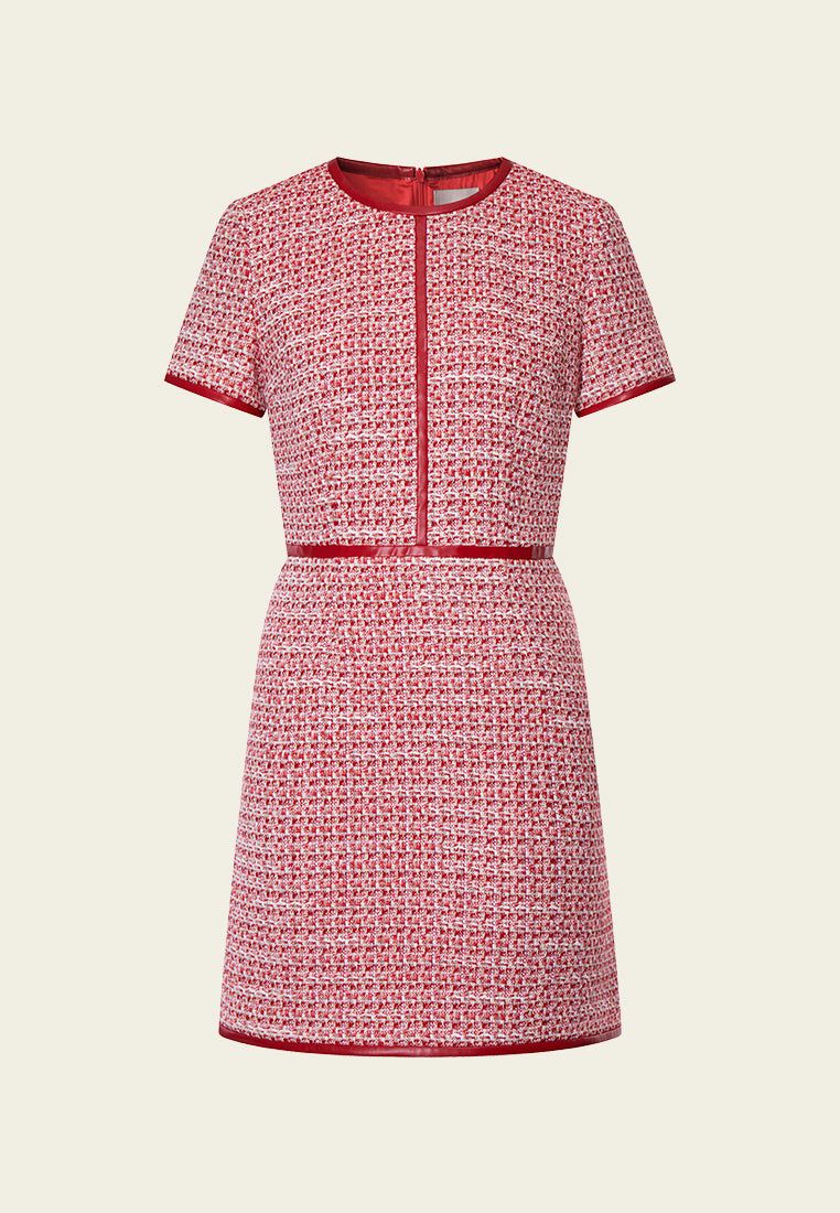 Red Leather-trimmed Tweed Mini Dress