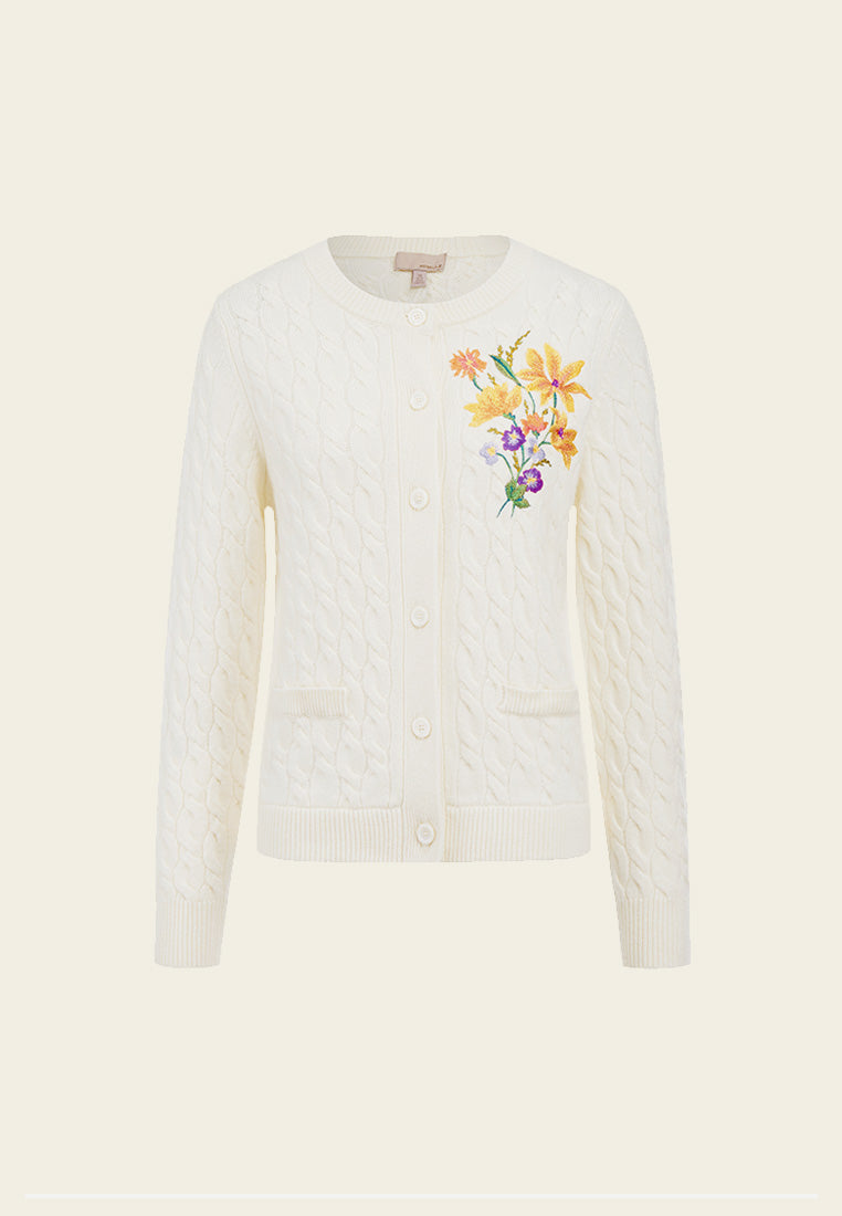 White Wool Floral Embroidered Cardigan - MOISELLE