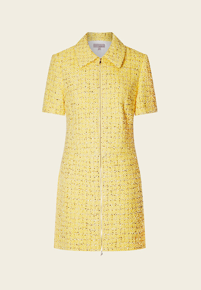 Yellow Short Sleeve Zip Up Front Tweed Dress - MOISELLE