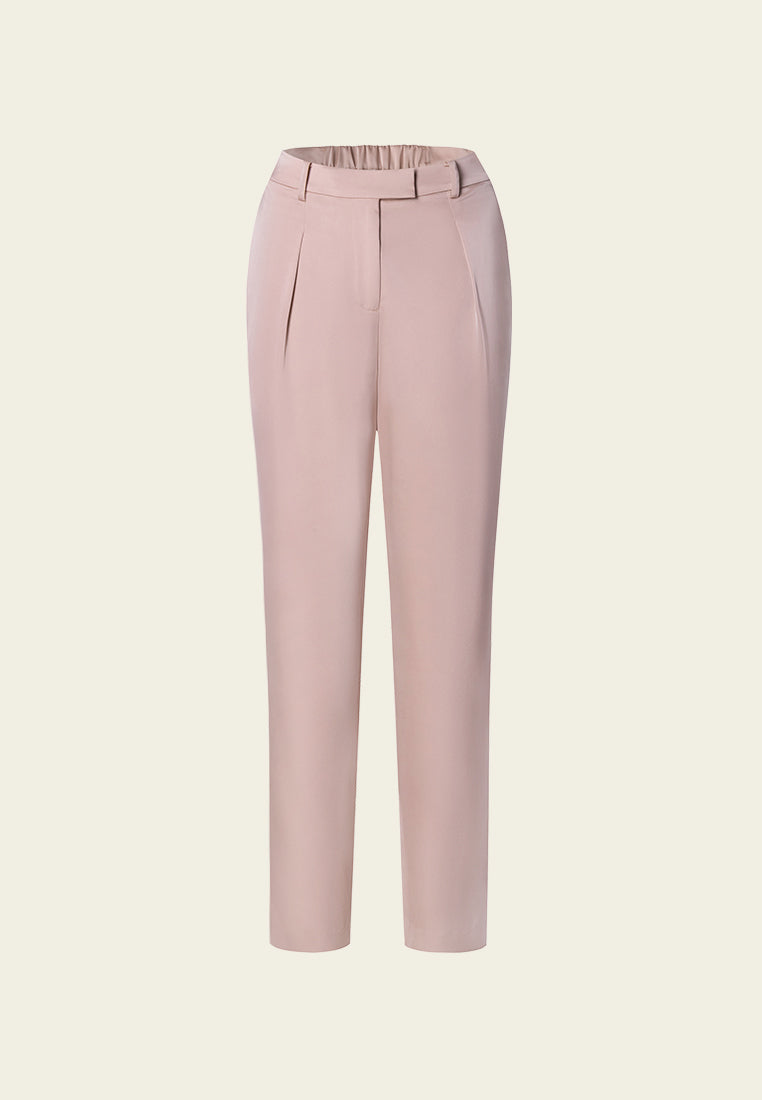 Pink Sheen Straight-leg Tailored Pants with Elastic Back