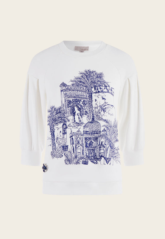 Blue Print Lineart White Mid-sleeves Sweatshirt - MOISELLE