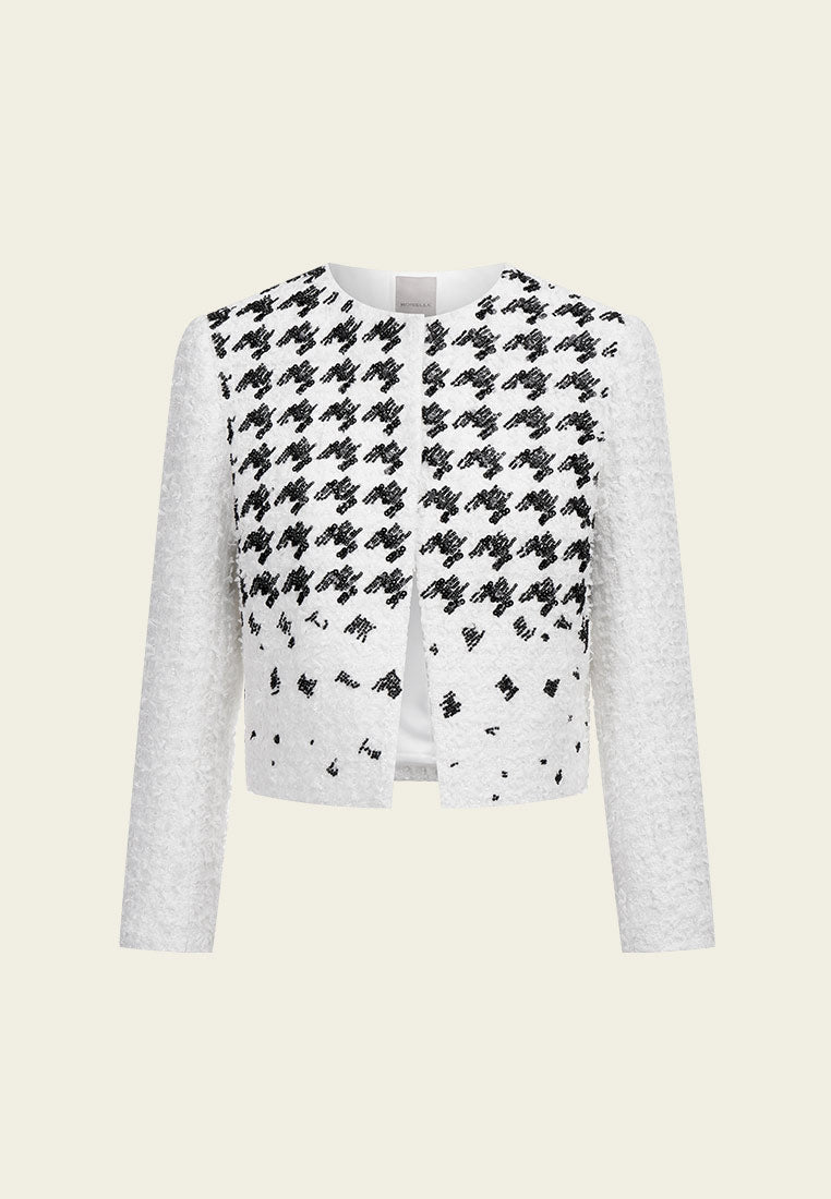 Houndstooth-detail White Tweed Jacket - MOISELLE