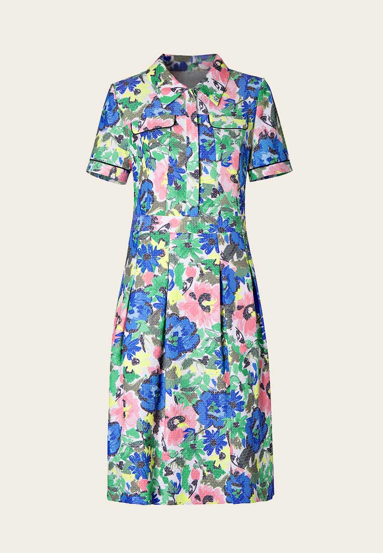 Lapel Short Sleeve Floral Pattern Jacquard Dress - MOISELLE
