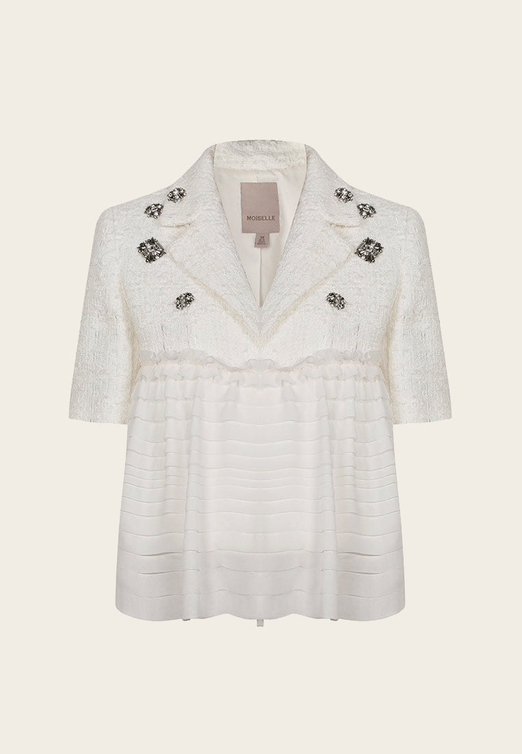 White Patchwork Rhinestone Embellished Tweed Chiffon Jacket - MOISELLE