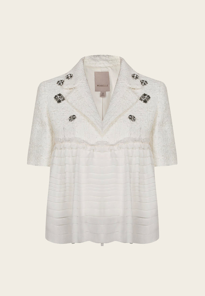 White Patchwork Rhinestone Embellished Tweed Chiffon Jacket - MOISELLE